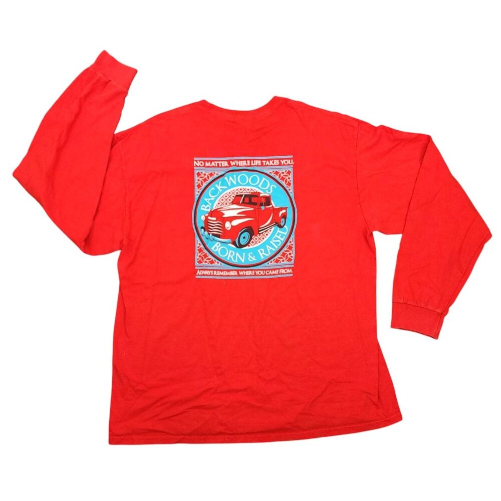 Unisex Adults Gildan Backwoods Born & Raised XL Red Long Sleeve Cotton T-Shirt